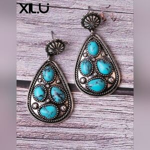 Western  Faux Turquoise and Silver Teardrop Earrings